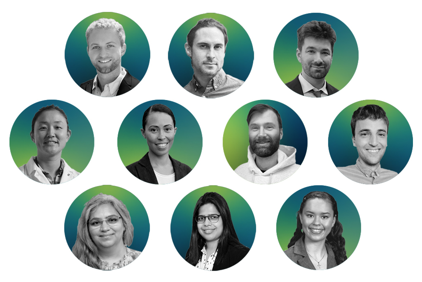 A collage of black-and-white headshots in blue circles